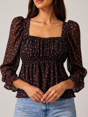 Astr the Label Floral Smocked Top-XL, Puff Sleeve Boho Chic Blouse